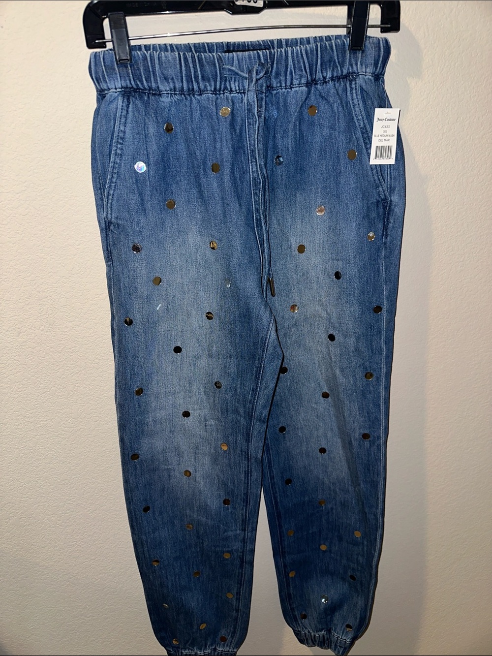 Juicy Couture Blue Denim Jogger Jeans with Metallic Gold Dots